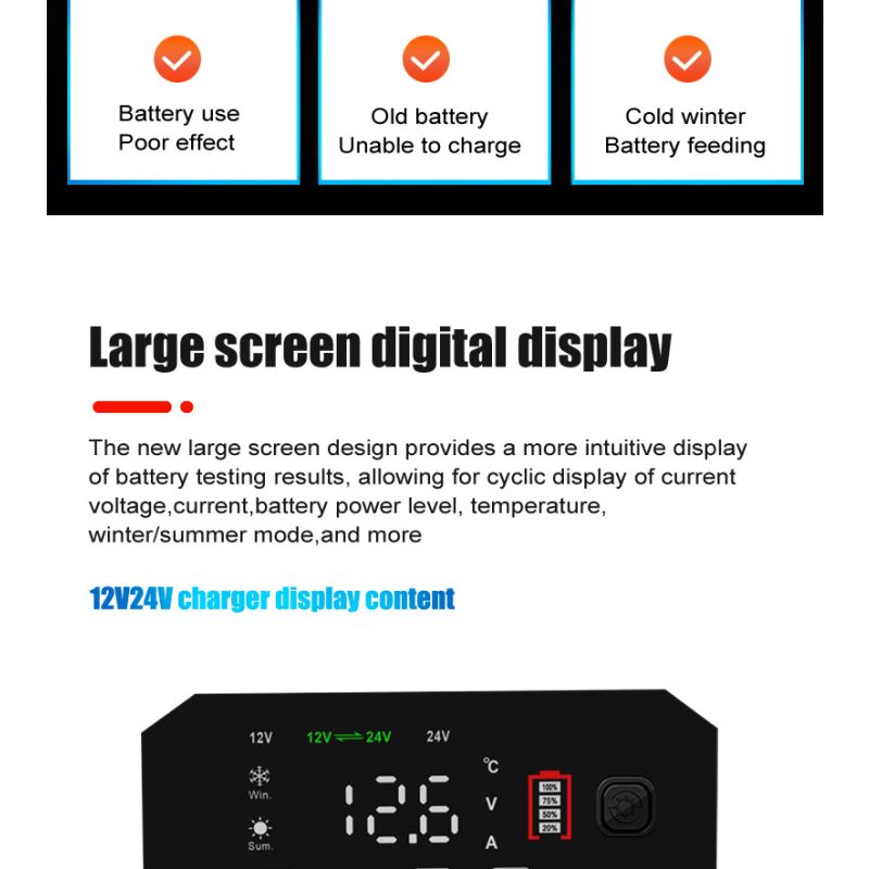 FOXSUR 20A bærbar bilbatterilader 12V-24V AGM LiFePO4 blysyre 7-trinns lading pålitelig ytelse batterilevetid