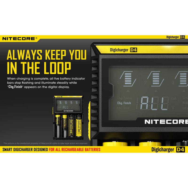 Nitecore D4 Digicharger batterilader med LCD skjerm Li-Ion 18650 Ni-MH sikkerhet og effektivitet retur mulig