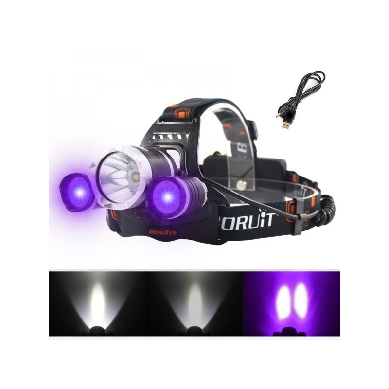 Boruit RJ-3000 LED-hodelykt 1000 lumen vanntett eventyrutstyr T6 hvitt lys XPE R5 grønt lys for camping