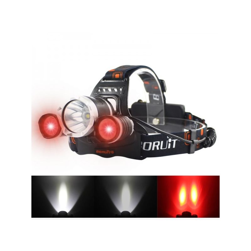 Boruit RJ-3000 LED-hodelykt 1000 lumen vanntett eventyrutstyr T6 hvitt lys XPE R5 grønt lys for camping