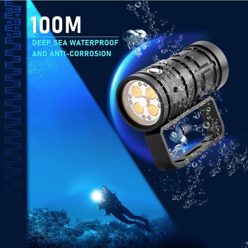 Taktisk dykkerlommelykt med 25000 lumens for undervannsfotografering og marine eventyr 120M vanntett