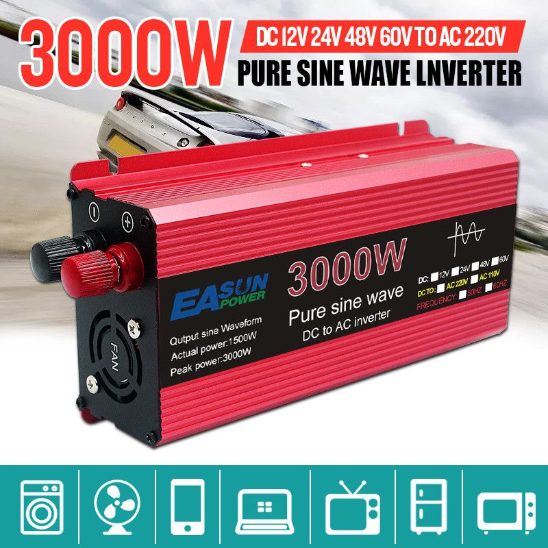 Pure Sine Wave Inverter 3000W med Aluminium Magnesium Skall Høy Effektivitet for Husholdningsapparater Camping