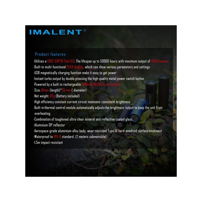 Imalent LD70 kompakt LED lommelykt 4000 lumen for eventyrere bærbart lys med OLED-skjerm flere lysmodi