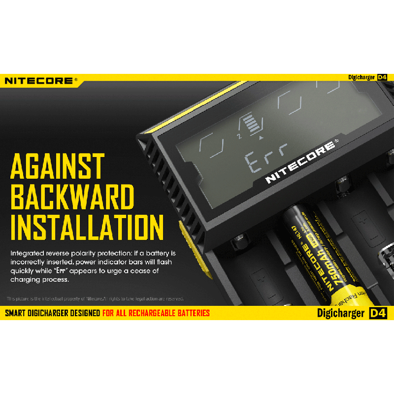 Nitecore D4 Digicharger batterilader med LCD skjerm Li-Ion 18650 Ni-MH sikkerhet og effektivitet retur mulig