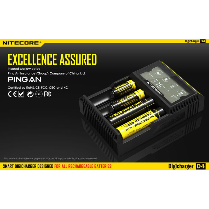 Nitecore D4 Digicharger batterilader med LCD skjerm Li-Ion 18650 Ni-MH sikkerhet og effektivitet retur mulig