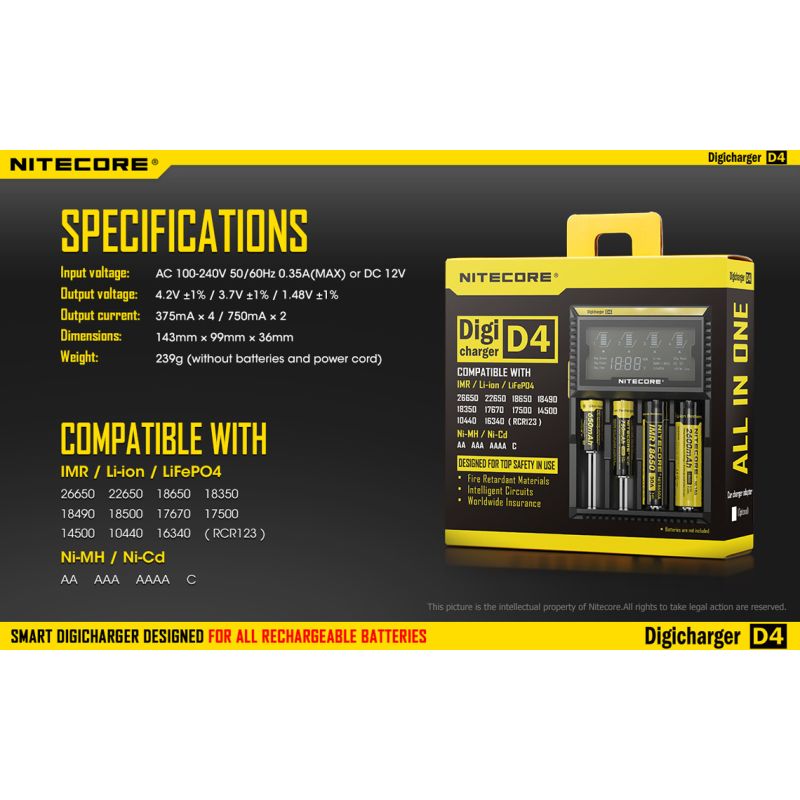 Nitecore D4 Digicharger batterilader med LCD skjerm Li-Ion 18650 Ni-MH sikkerhet og effektivitet retur mulig