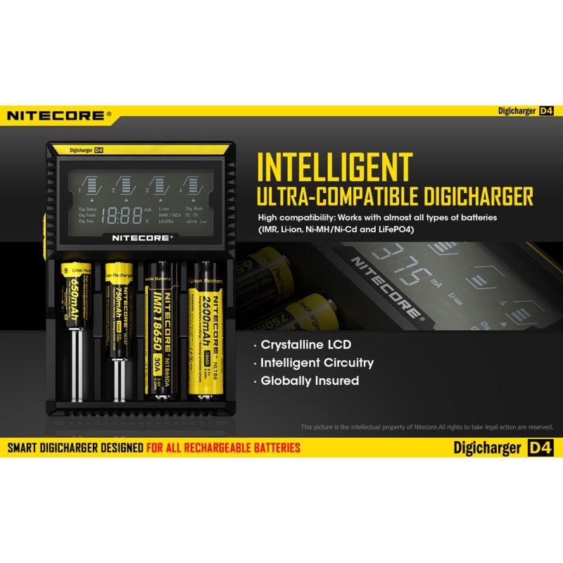 Nitecore D4 Digicharger batterilader med LCD skjerm Li-Ion 18650 Ni-MH sikkerhet og effektivitet retur mulig