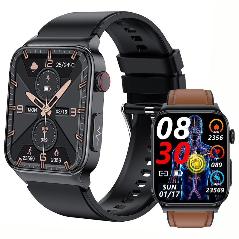E500 Blodsukker Smart Klokke Herre EKG-monitor Blodtrykk Kroppstemperatur Smartwatch IP68 Vanntett Fitness Tracker