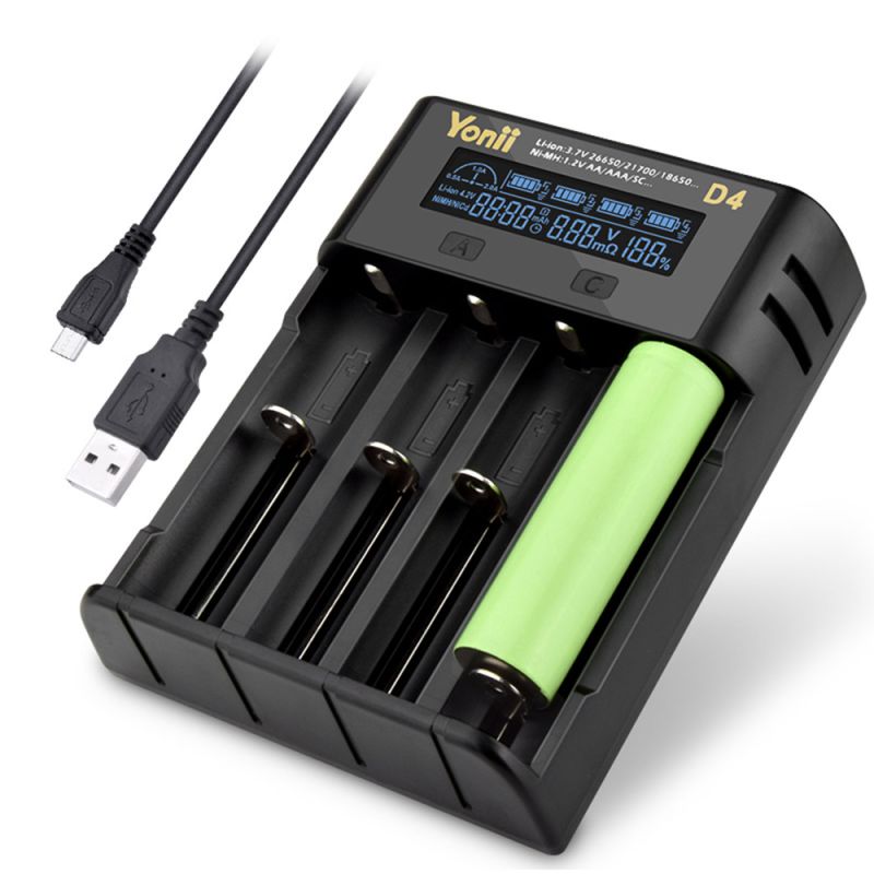 YONII D4 LCD 4 spor 18650 batterilader for 18650 21700 26650 Lithium AA AAA Ni-mh batteri
