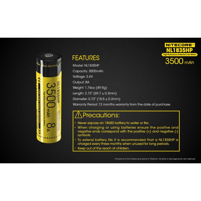Nitecore NL1835HP 3500mAh høyytelse oppladbart 18650 Li-ion batteri for høy drenering enheter og lommelykter