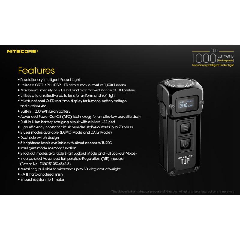 Nitecore TUP kompakt LED lommelykt 1000 lumen USB oppladbar med XP-L HD V6 og OLED skjerm for utendørsutstyr