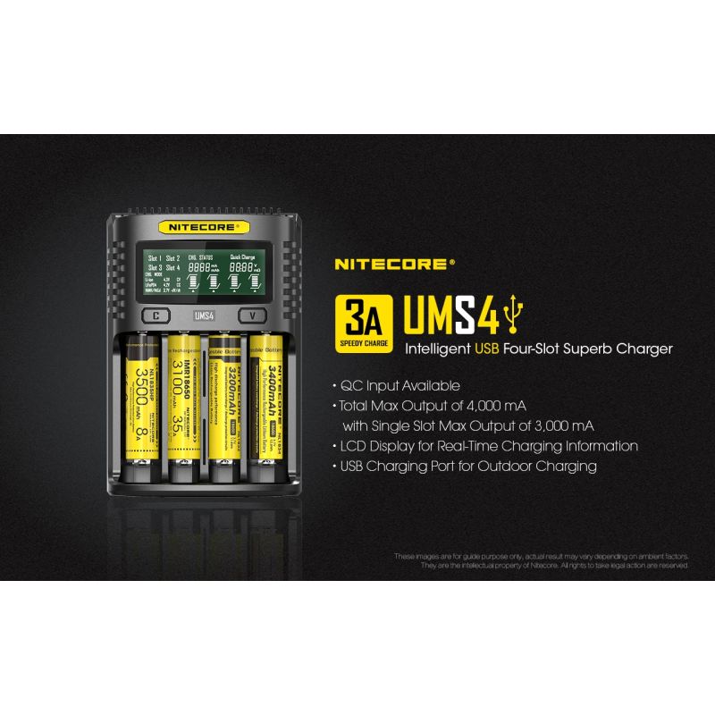 Nitecore UMS4 Intelligent USB-lader Perfekt for 18650 21700 26650 Hurtiglading USB-C Inngang Pålitelig Friluftsliv