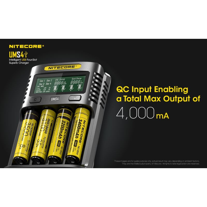 Nitecore UMS4 Intelligent USB-lader Perfekt for 18650 21700 26650 Hurtiglading USB-C Inngang Pålitelig Friluftsliv