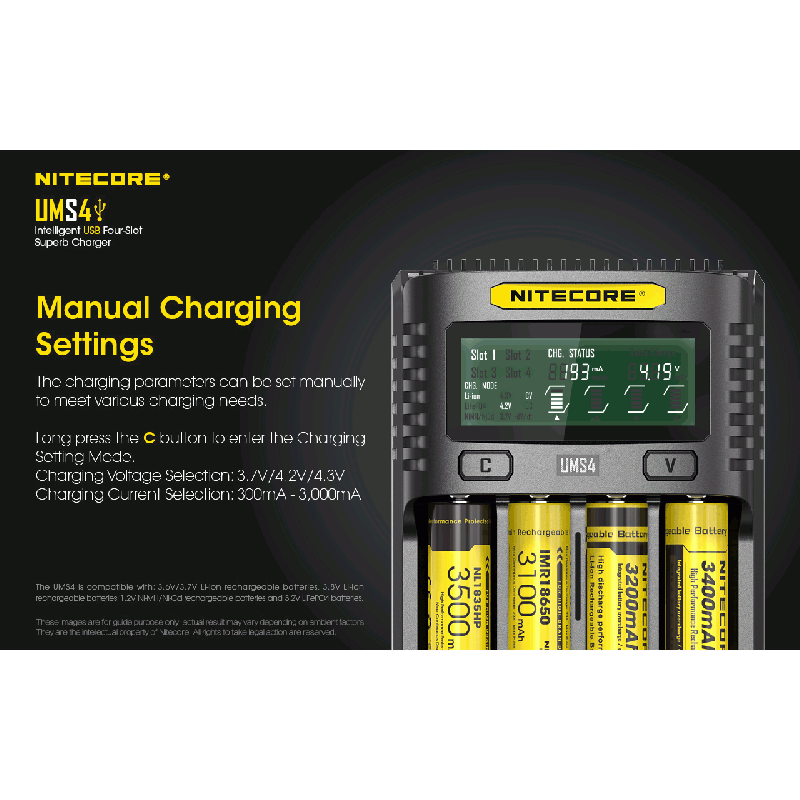 Nitecore UMS4 Intelligent USB-lader Perfekt for 18650 21700 26650 Hurtiglading USB-C Inngang Pålitelig Friluftsliv