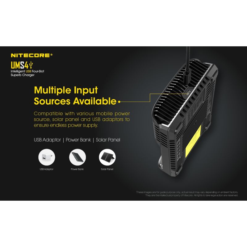 Nitecore UMS4 Intelligent USB-lader Perfekt for 18650 21700 26650 Hurtiglading USB-C Inngang Pålitelig Friluftsliv