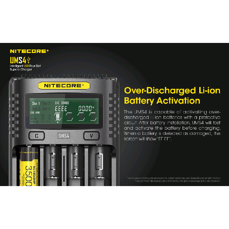 Nitecore UMS4 Intelligent USB-lader Perfekt for 18650 21700 26650 Hurtiglading USB-C Inngang Pålitelig Friluftsliv