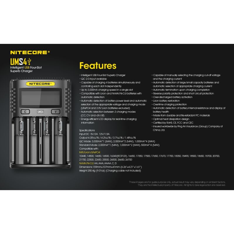 Nitecore UMS4 Intelligent USB-lader Perfekt for 18650 21700 26650 Hurtiglading USB-C Inngang Pålitelig Friluftsliv