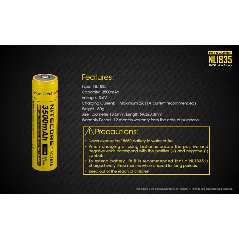 Nitecore 18650 NL1835 Li-ion oppladbart batteri 3500mAh Høy kapasitet lommelyktutstyr forbrukerelektronikk