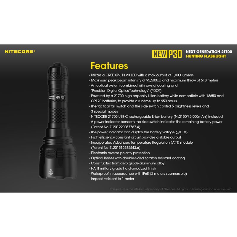 Nitecore NY P30 XP-L HI V3 Kompakt høyytelses LED-lommelykt 1000 lumen 618 meter rekkevidde utendørs bruk
