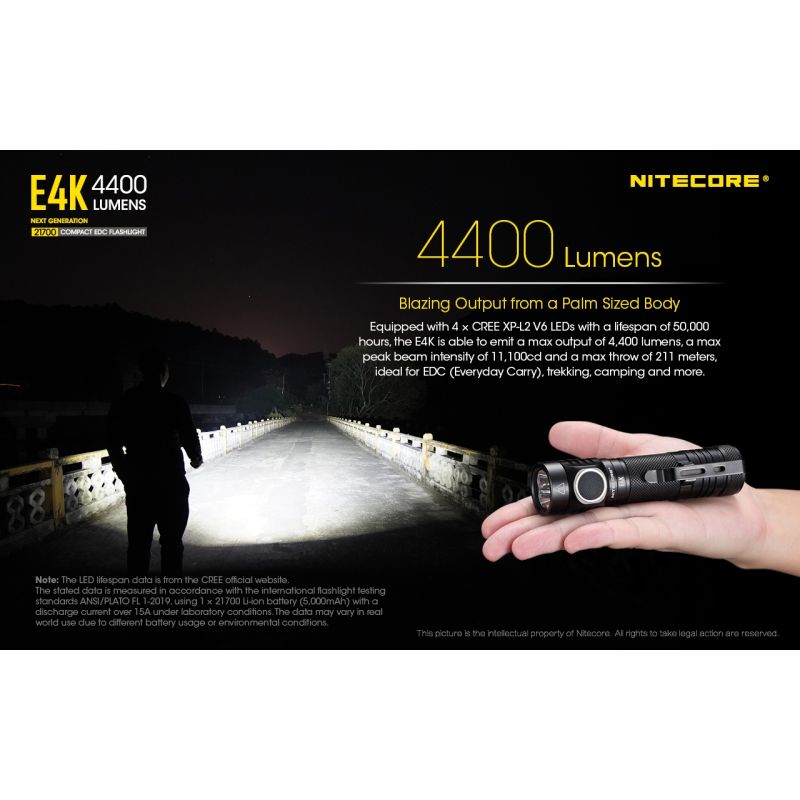 Nitecore E4K lommelykt innovativ bærbar med 4400 lumen 21700 batteri IP68 værbestandig perfekt for utendørsbruk
