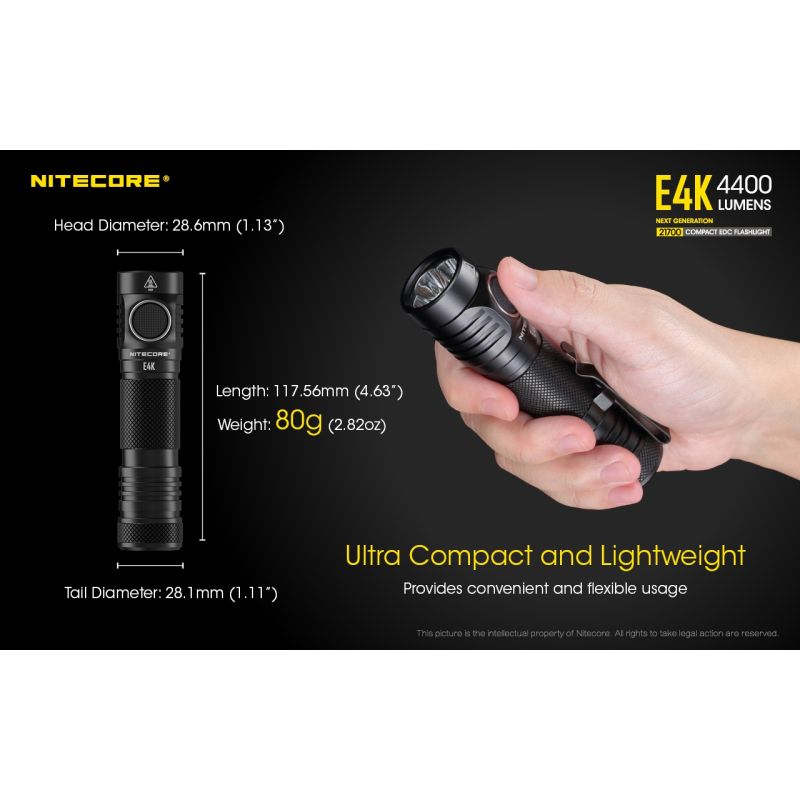 Nitecore E4K lommelykt innovativ bærbar med 4400 lumen 21700 batteri IP68 værbestandig perfekt for utendørsbruk