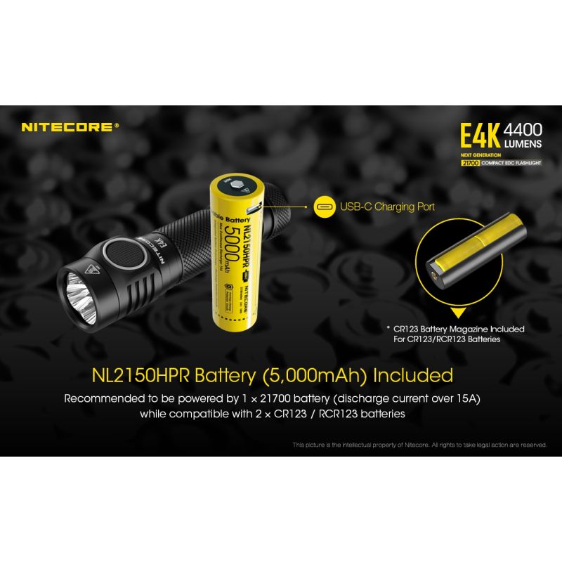 Nitecore E4K lommelykt innovativ bærbar med 4400 lumen 21700 batteri IP68 værbestandig perfekt for utendørsbruk