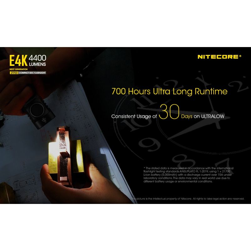 Nitecore E4K lommelykt innovativ bærbar med 4400 lumen 21700 batteri IP68 værbestandig perfekt for utendørsbruk