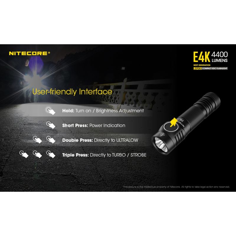 Nitecore E4K lommelykt innovativ bærbar med 4400 lumen 21700 batteri IP68 værbestandig perfekt for utendørsbruk