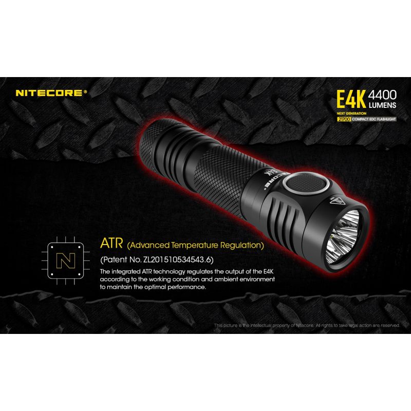 Nitecore E4K lommelykt innovativ bærbar med 4400 lumen 21700 batteri IP68 værbestandig perfekt for utendørsbruk