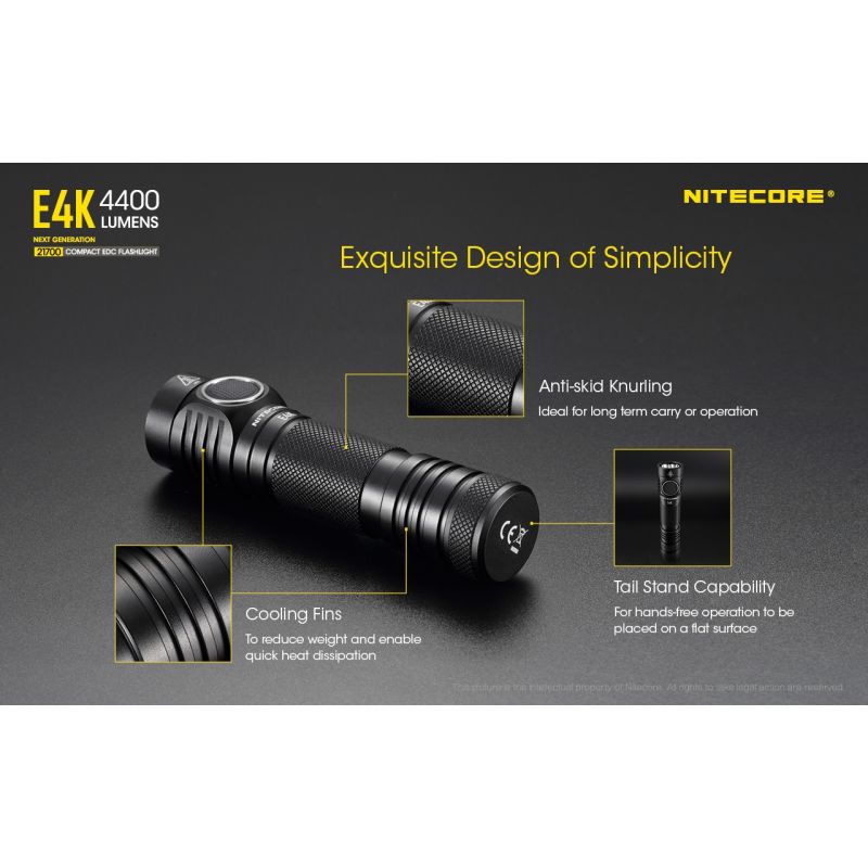 Nitecore E4K lommelykt innovativ bærbar med 4400 lumen 21700 batteri IP68 værbestandig perfekt for utendørsbruk