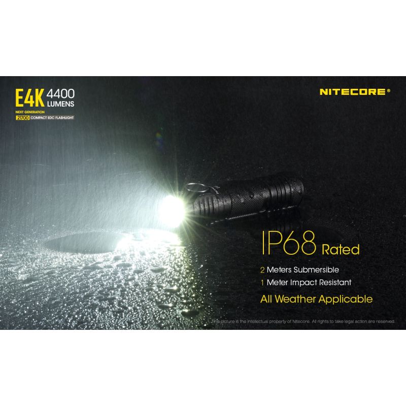 Nitecore E4K lommelykt innovativ bærbar med 4400 lumen 21700 batteri IP68 værbestandig perfekt for utendørsbruk