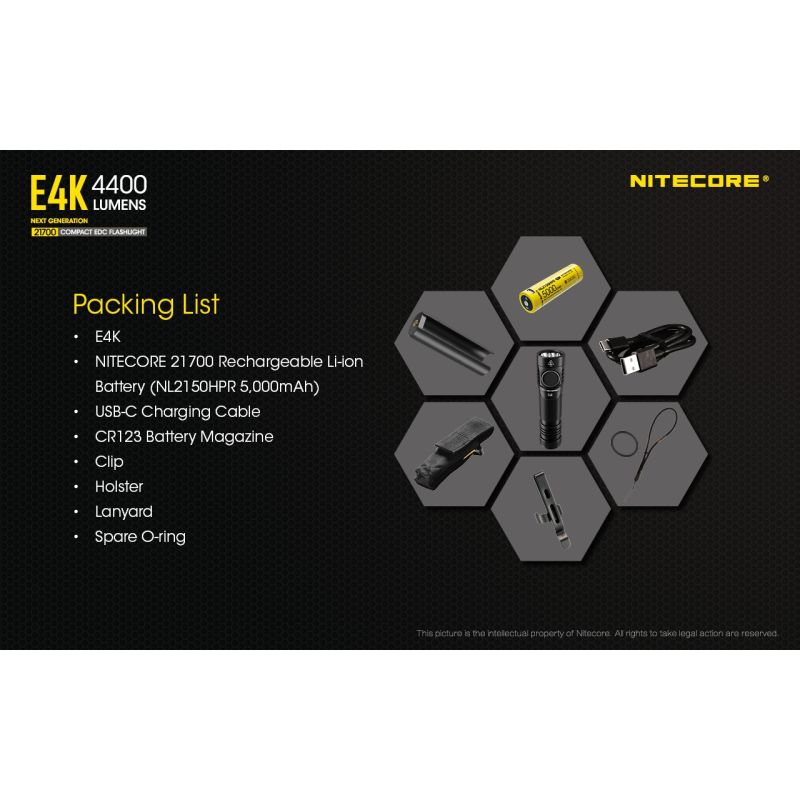Nitecore E4K lommelykt innovativ bærbar med 4400 lumen 21700 batteri IP68 værbestandig perfekt for utendørsbruk