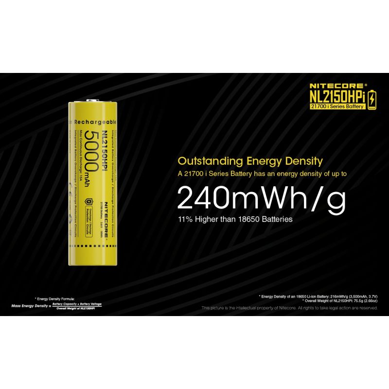 NITECORE NL2150HPI 5000mAh 3.6V 18Wh 21700 Li-ion oppladbart batteri høy ytelse for lommelyktbatteri