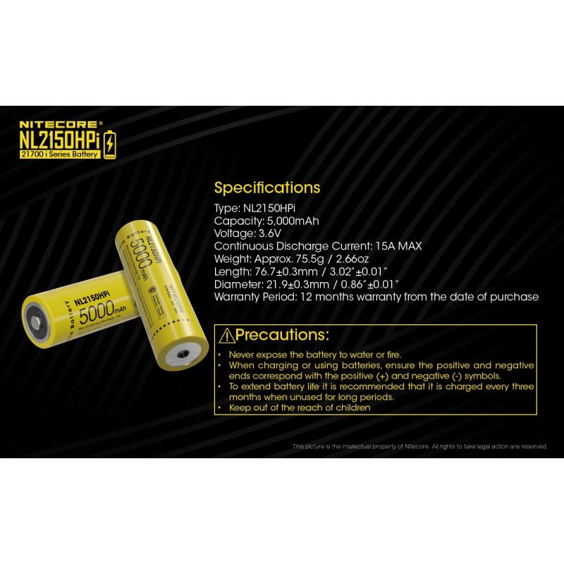 NITECORE NL2150HPI 5000mAh 3.6V 18Wh 21700 Li-ion oppladbart batteri høy ytelse for lommelyktbatteri