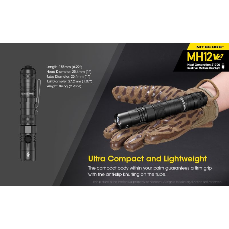 Nitecore MH12 V2 XP-L2 V6 LED 1200 lumen robust lommelykt med utendørs belysning og allsidige strømalternativer