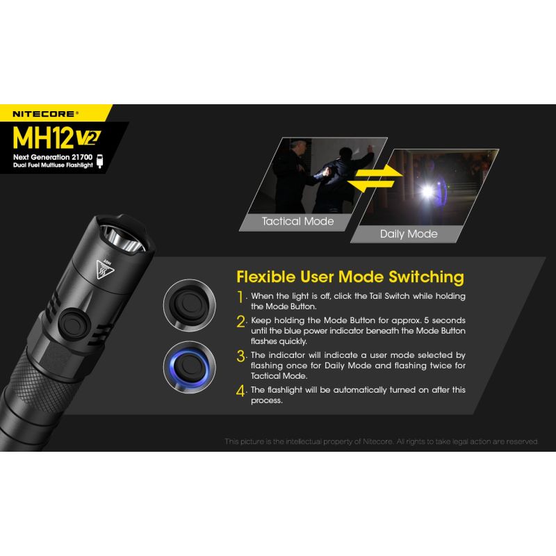 Nitecore MH12 V2 XP-L2 V6 LED 1200 lumen robust lommelykt med utendørs belysning og allsidige strømalternativer