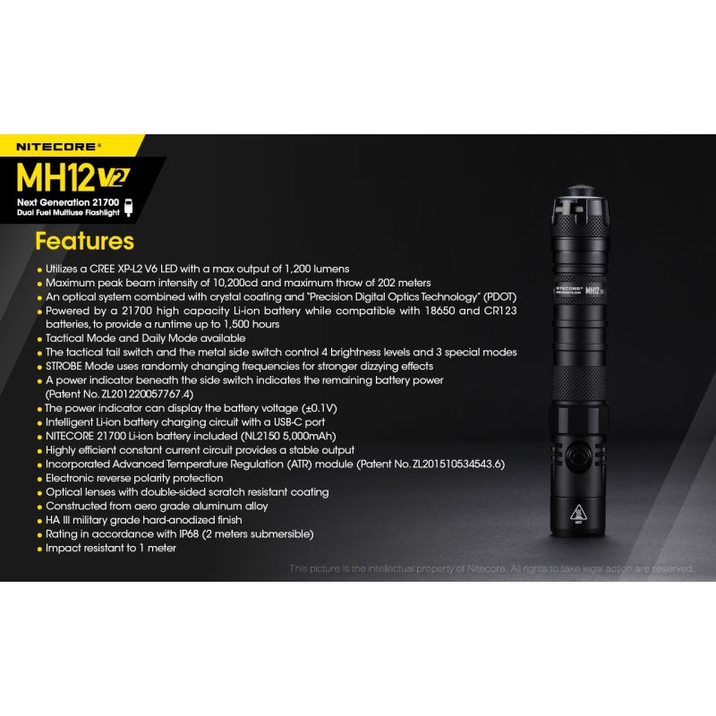 Nitecore MH12 V2 XP-L2 V6 LED 1200 lumen robust lommelykt med utendørs belysning og allsidige strømalternativer