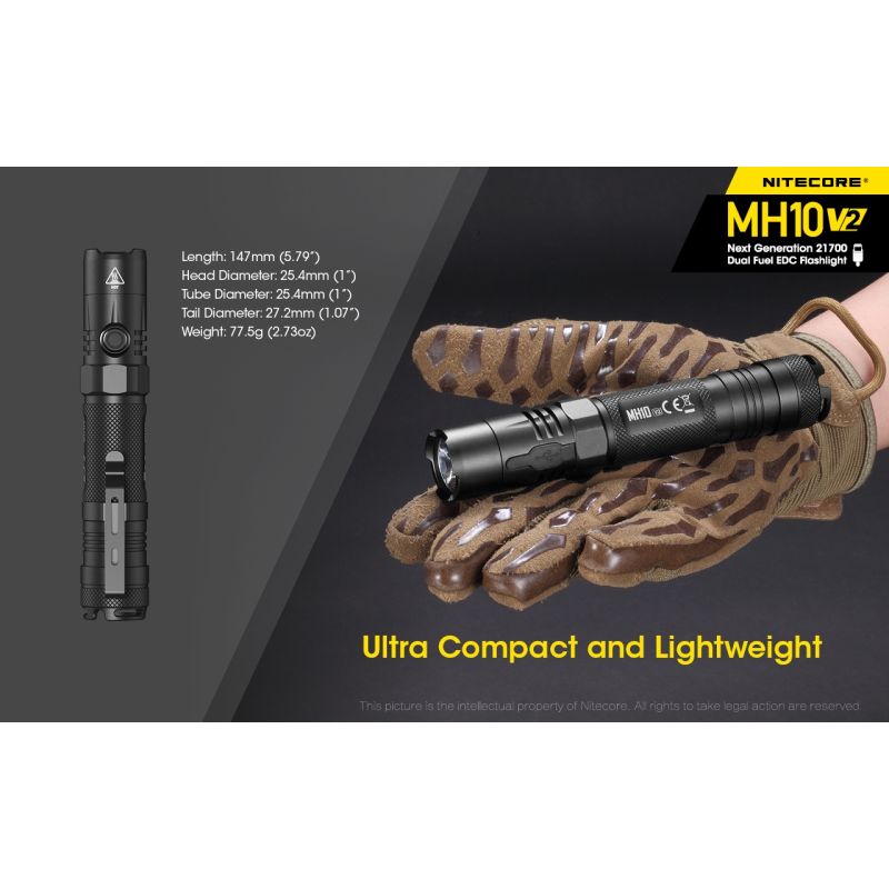Nitecore MH10 V2 lommelykt 1200 lumens kraftig lysstråle USB-C lading kompakt og solid utendørs lys
