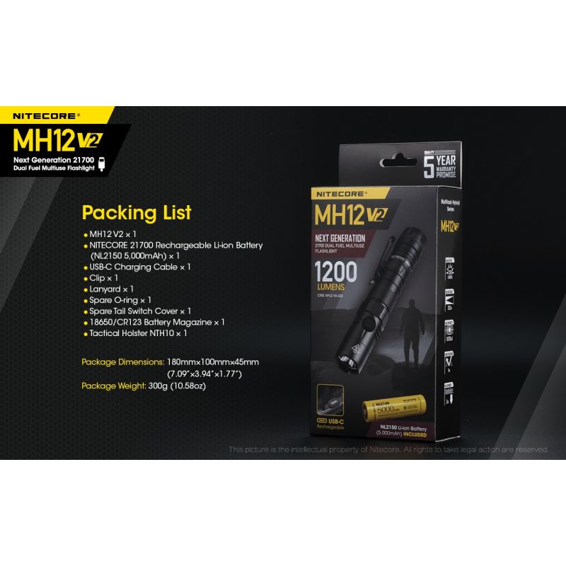 Nitecore MH12 V2 XP-L2 V6 LED 1200 lumen robust lommelykt med utendørs belysning og allsidige strømalternativer