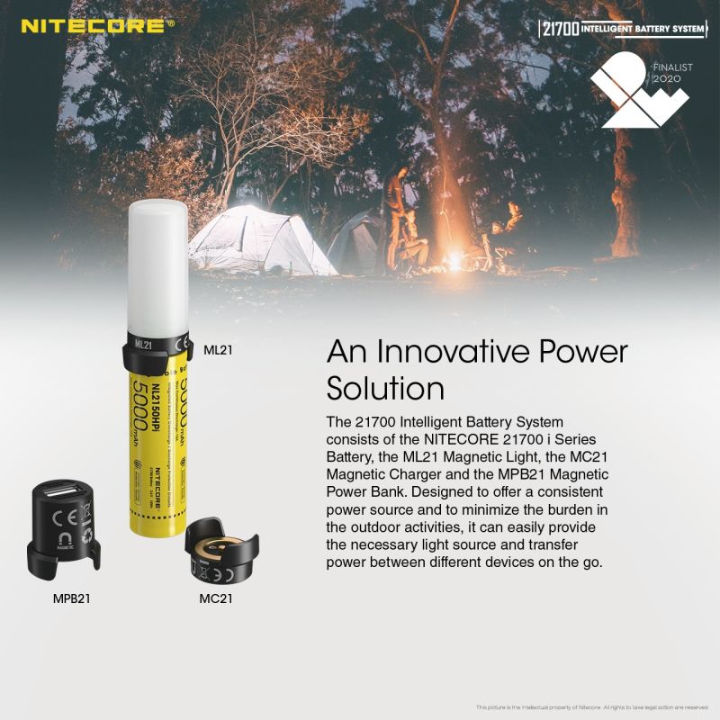 NITECORE 21700 intelligent batterisystem med ML21 magnetisk lys og MPB21 powerbank for utendørsentusiaster