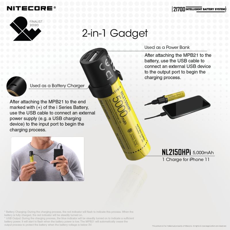 NITECORE 21700 intelligent batterisystem med ML21 magnetisk lys og MPB21 powerbank for utendørsentusiaster