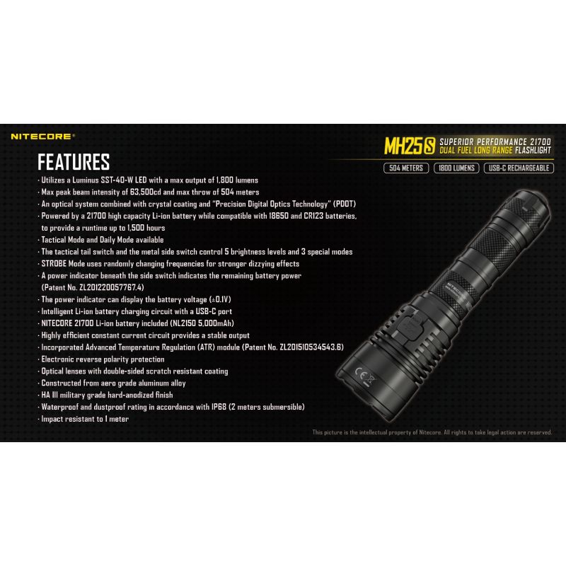 Nitecore MH25S med Luminus SST-40 Oppladbar 1800 lumen lommelykt Robust design for utendørseventyr