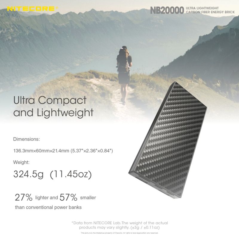 Nitecore NB20000 QC Dual Port strømbank lettvekt slitesterk bærbar lader 20000mAh hurtiglading USB/USB-C