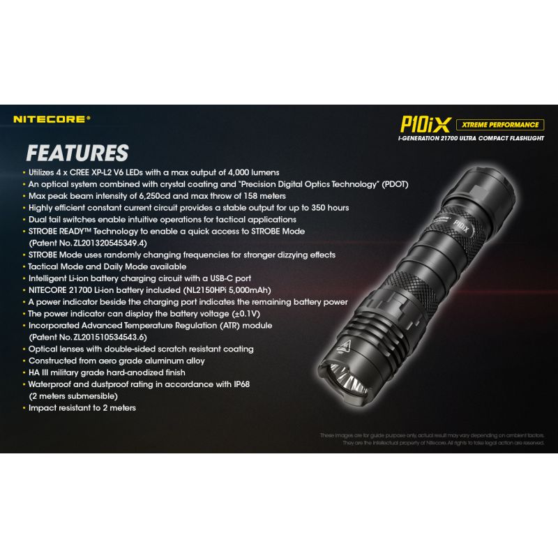 Nitecore P10iX kraftig LED lommelykt 4000 lumen robust holdbarhet lang batterilevetid 158 meter rekkevidde