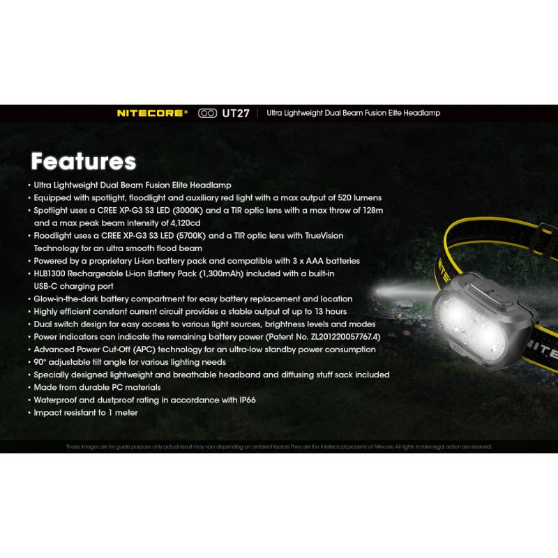 Nitecore UT27 LED hodelykt med kraftig belysning 520 lumen oppladbart batteri allsidige lysmoduser og robust design