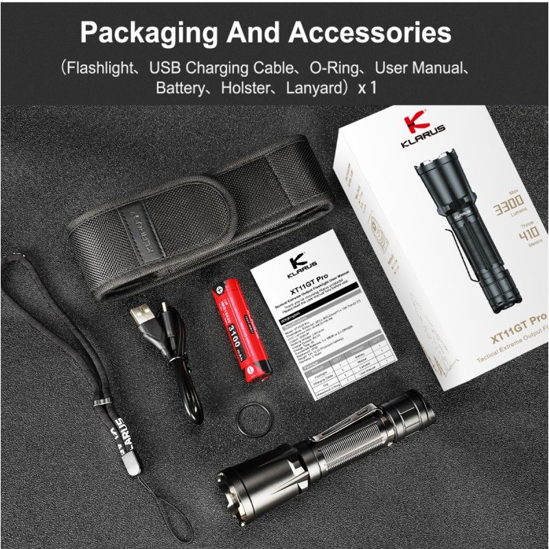 Klarus XT11GT PRO V2.0 3300 Lumen Utendørs Lommelykt med USB-C Hurtiglading og Luminus SST-70 LED