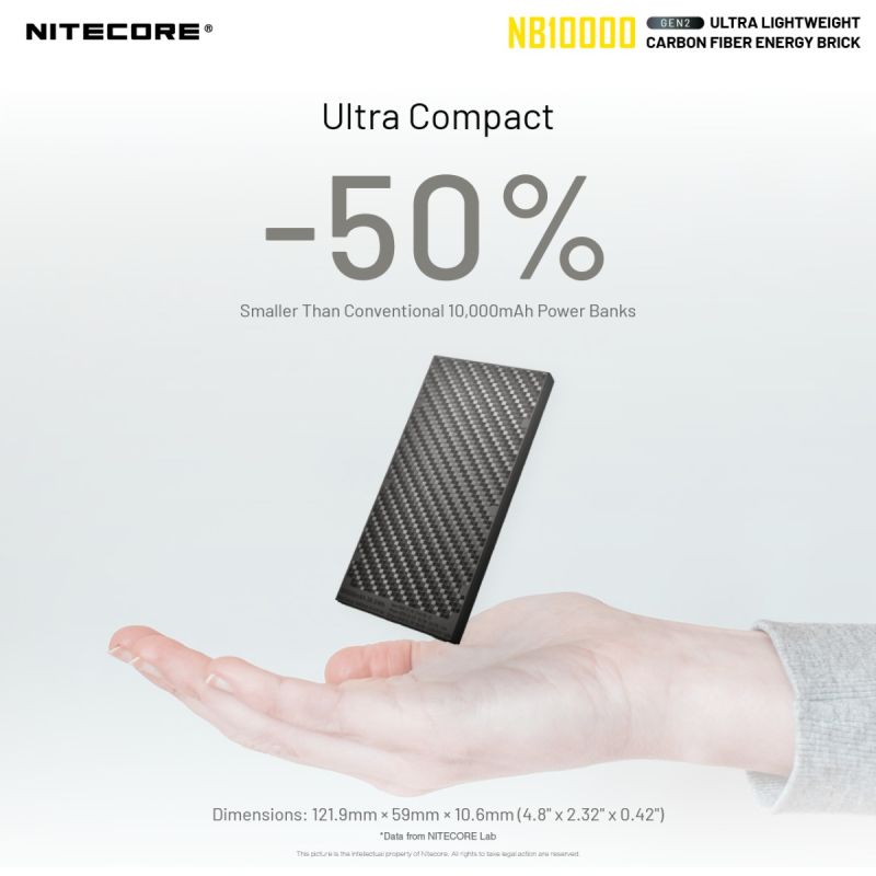 Nitecore NB10000 Gen II ultratynn powerbank 10000mAh QC Quick-Charge USB USB-C dobbel utgang reisetilbehør