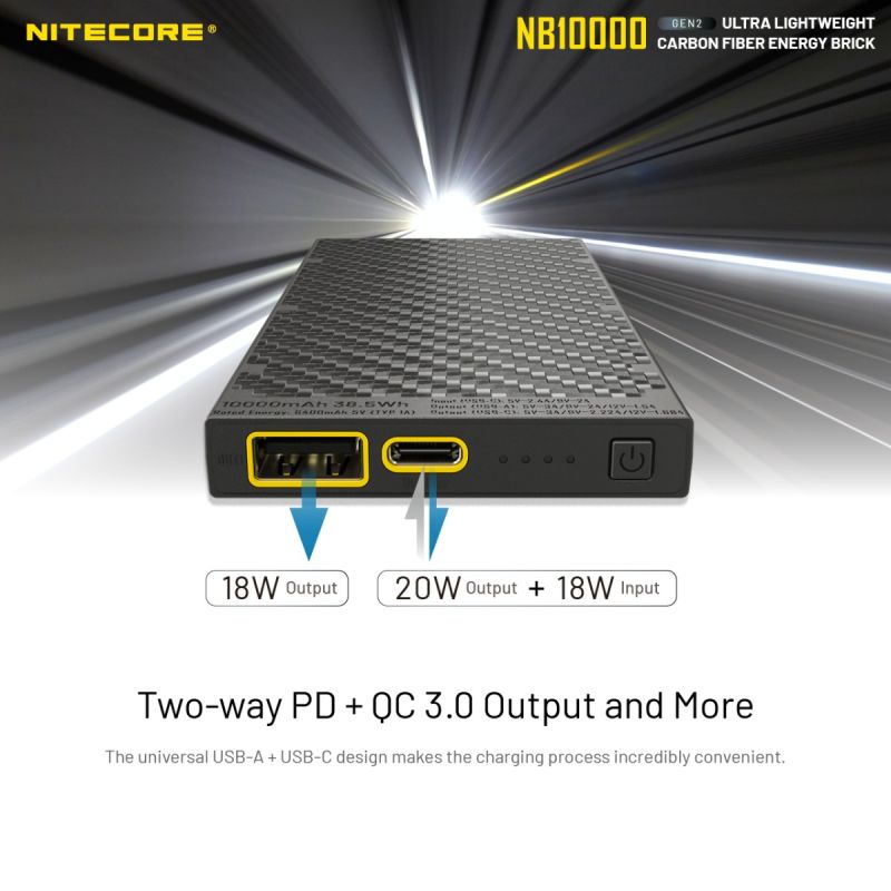 Nitecore NB10000 Gen II ultratynn powerbank 10000mAh QC Quick-Charge USB USB-C dobbel utgang reisetilbehør
