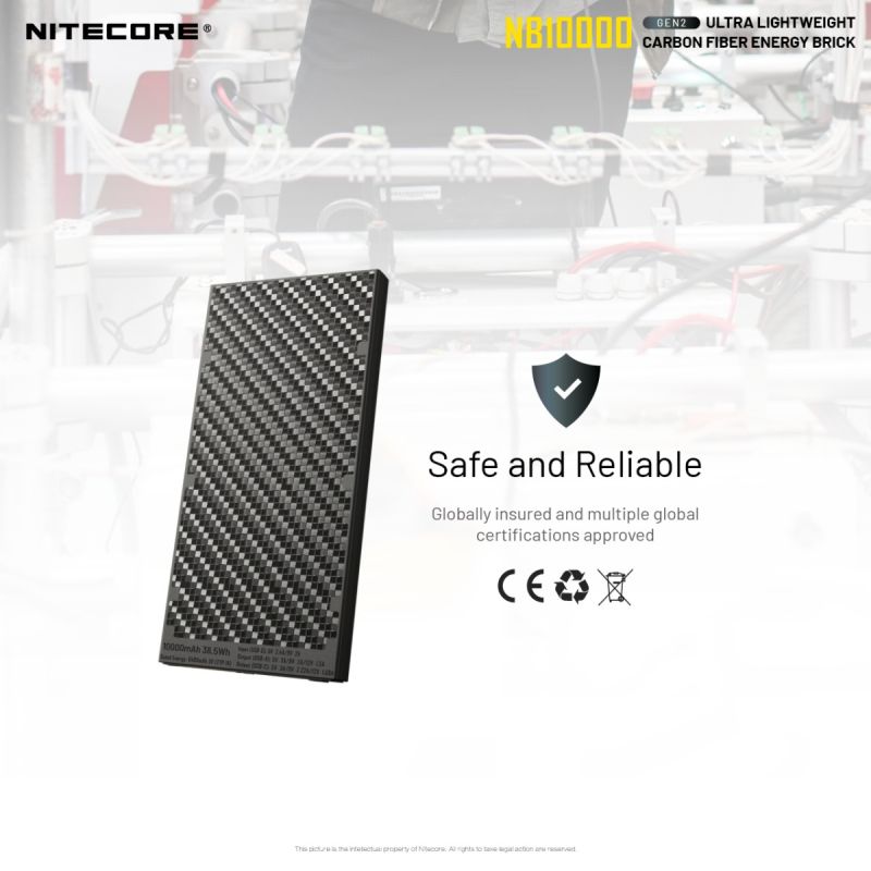 Nitecore NB10000 Gen II ultratynn powerbank 10000mAh QC Quick-Charge USB USB-C dobbel utgang reisetilbehør
