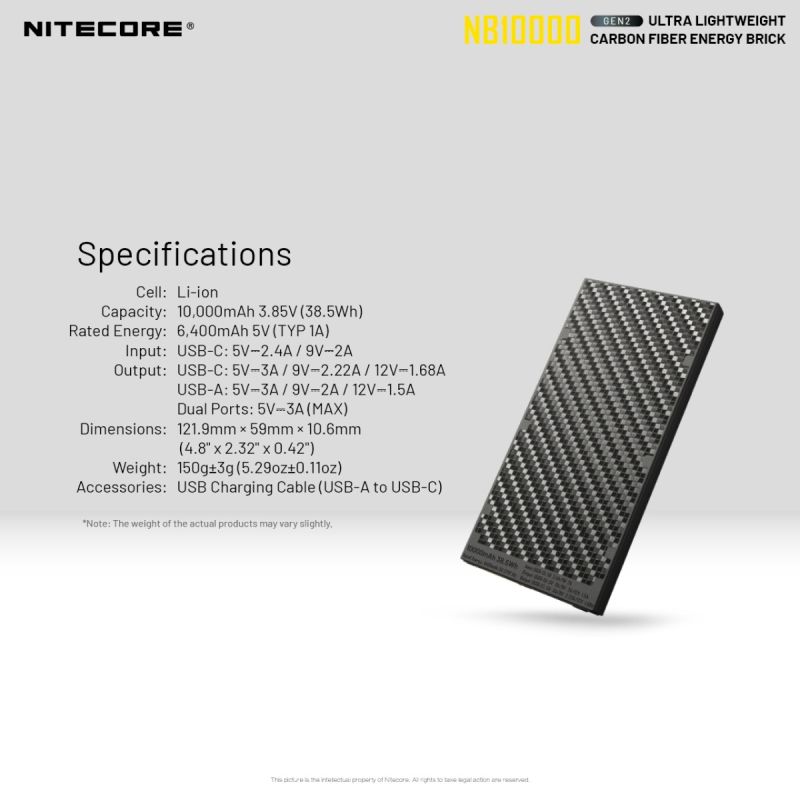Nitecore NB10000 Gen II ultratynn powerbank 10000mAh QC Quick-Charge USB USB-C dobbel utgang reisetilbehør